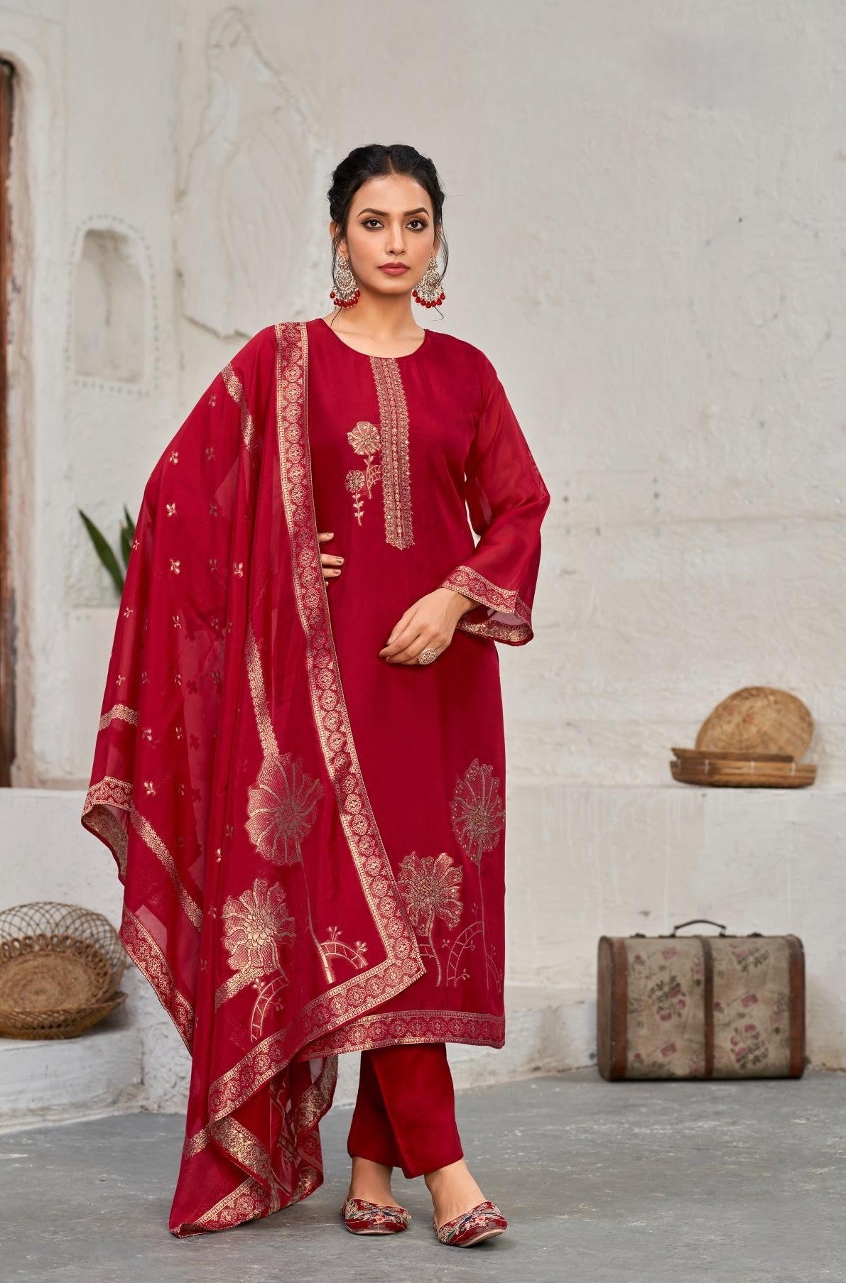 Deep Ruby Red Bangalore Silk Kurta Set with Dupatta