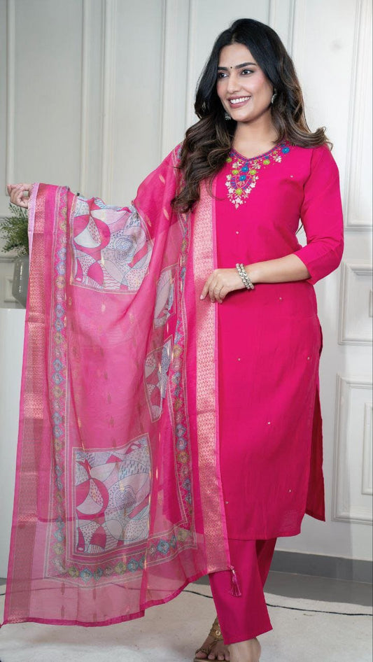 Empress Fuchsia Hot Pink Roman Silk Suit Set with Dupatta