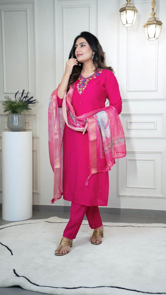 Empress Fuchsia Hot Pink Roman Silk Suit Set with Dupatta