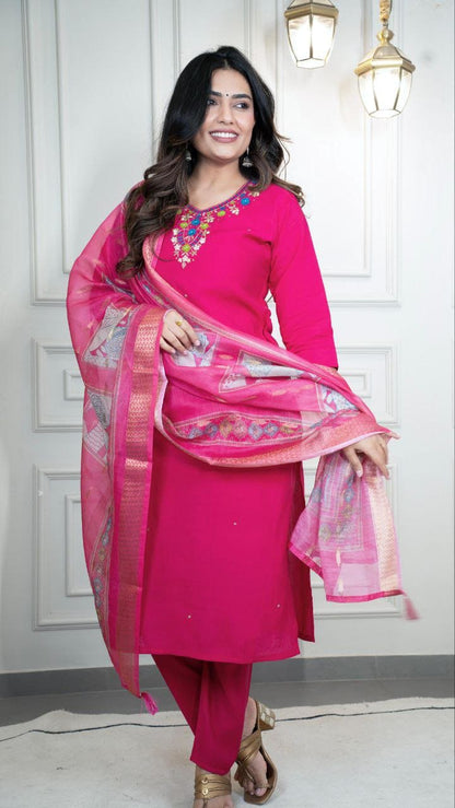 Empress Fuchsia Hot Pink Roman Silk Suit Set with Dupatta