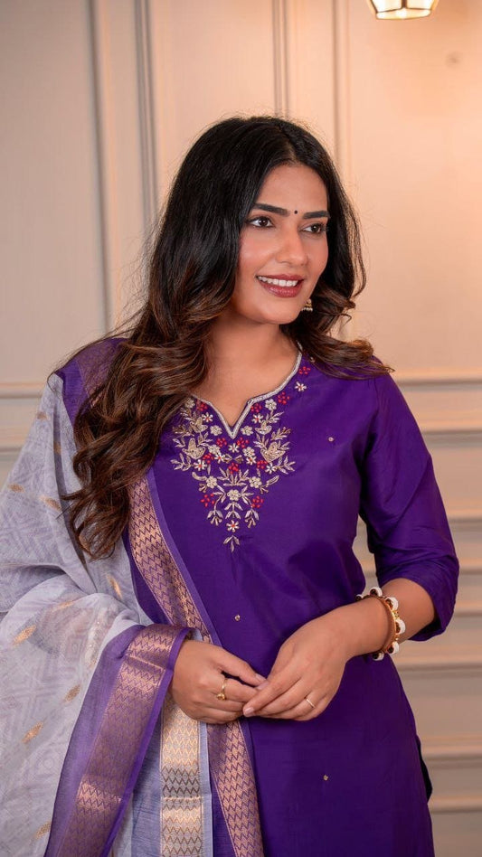 Imperial Amethyst Purple Roman Silk Suit Set with Dupatta
