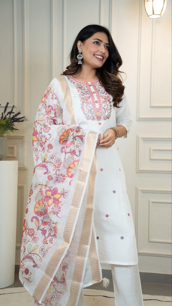 Imperial Ivory Roman Silk Suit Set with Dupatta