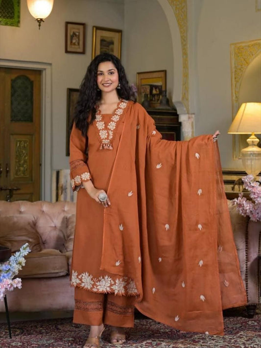 Monarch Saffron Slub Cotton Suit Set with Dupatta