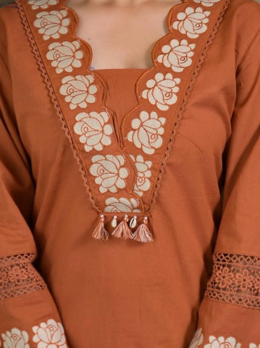 Monarch Saffron Slub Cotton Suit Set with Dupatta