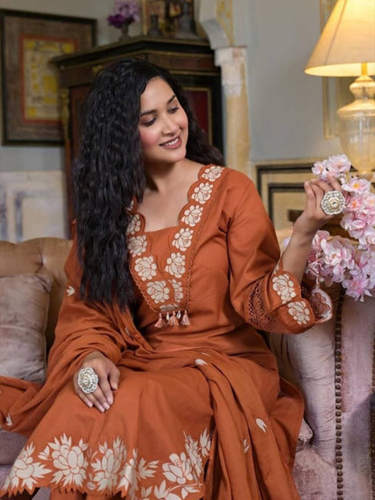 Monarch Saffron Slub Cotton Suit Set with Dupatta