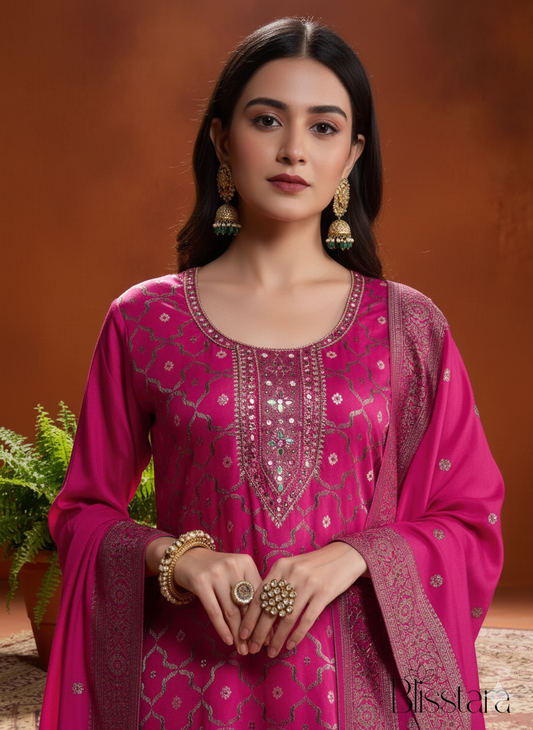 Ruby Pink Silk suit Set with Dupatta