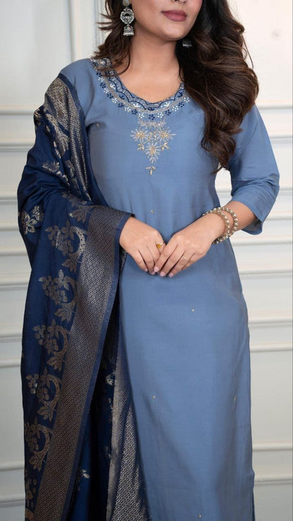 Majestic Azure Steel Blue Roman Silk Suit Set With Jacquard Dupatta