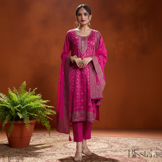 Ruby Pink Silk suit Set with Dupatta