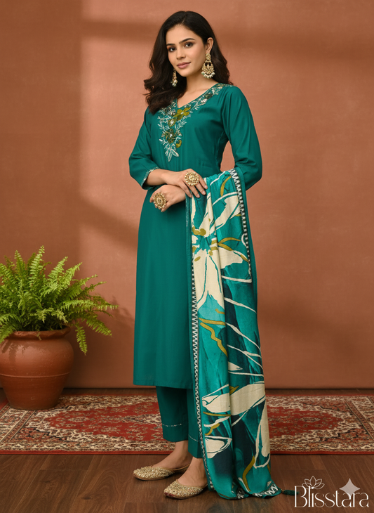 Emerald Green Silk Suit Set with Dupatta