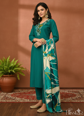 Emerald Green Silk Suit Set with Dupatta
