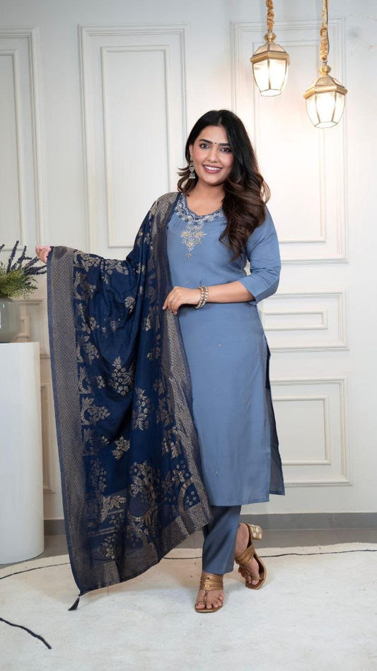 Majestic Azure Steel Blue Roman Silk Suit Set With Jacquard Dupatta