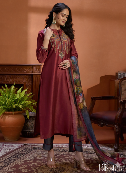 Crimson Red Silk Suit Set with Dupatta
