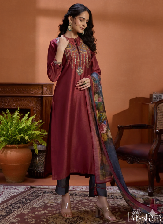 Crimson Red Silk Suit Set with Dupatta