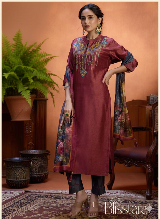 Crimson Red Silk Suit Set with Dupatta