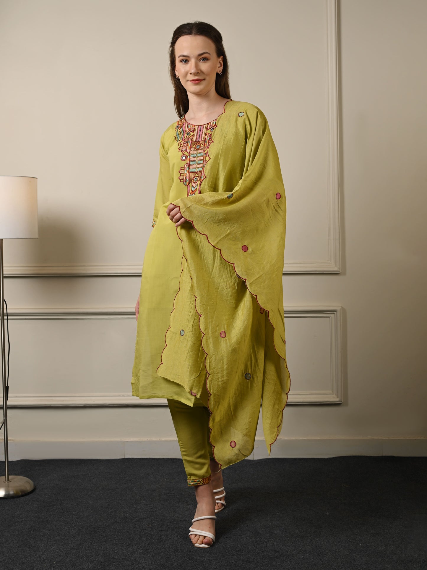 Green Silk Threadwork Festive Suit Set