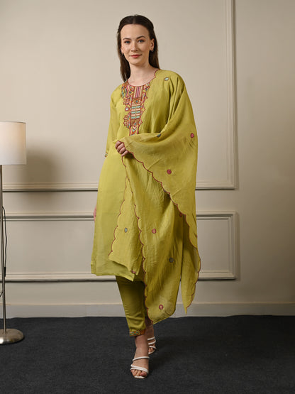 Green Silk Threadwork Festive Suit Set