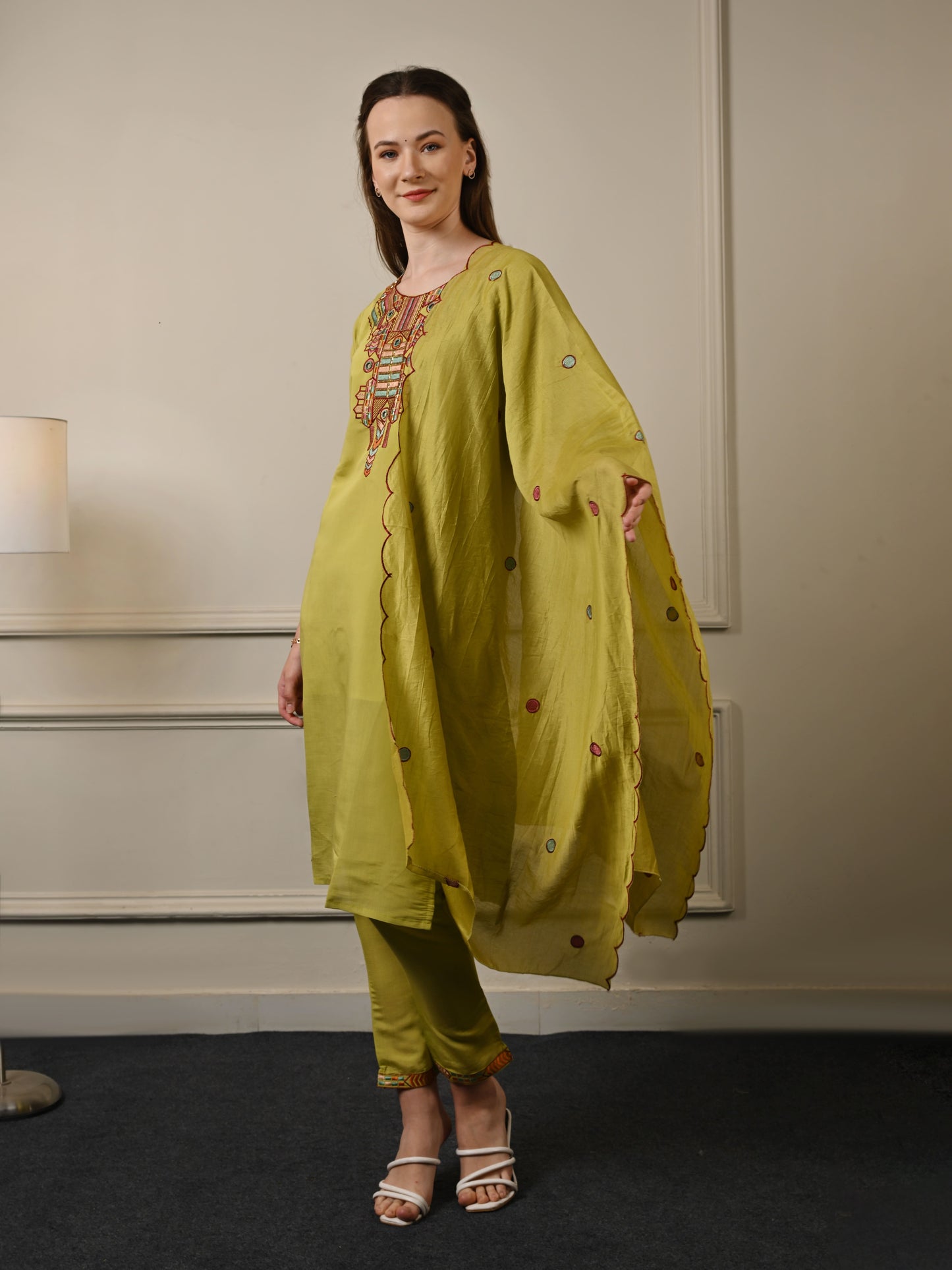 Green Silk Threadwork Festive Suit Set