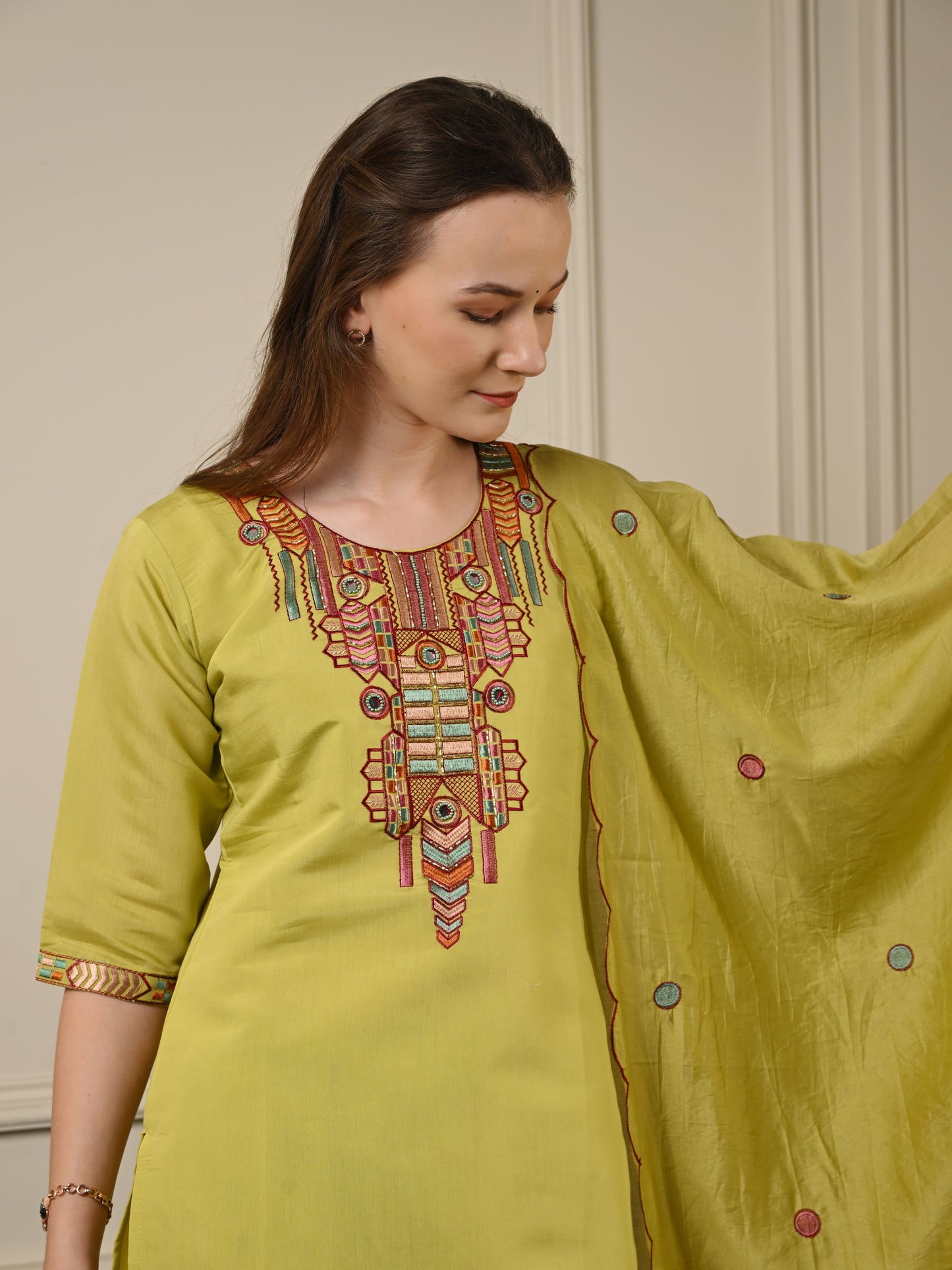 Green Silk Threadwork Festive Suit Set