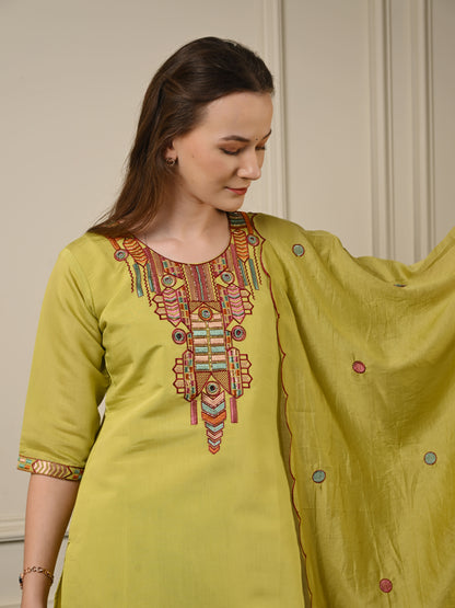 Green Silk Threadwork Festive Suit Set
