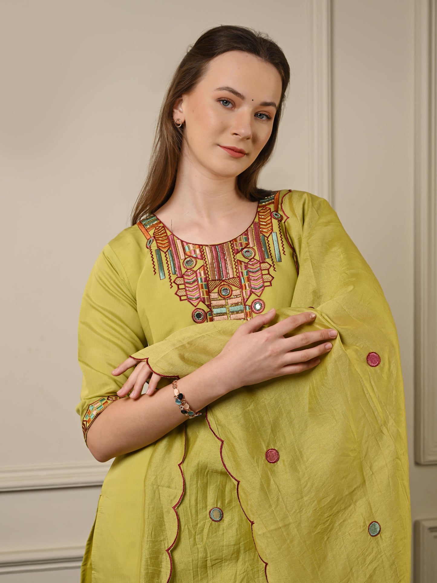 Green Silk Threadwork Festive Suit Set