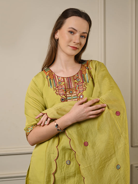 Green Silk Threadwork Festive Suit Set