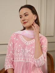 Pink Threadwork Mul Cotton Premium Anarkali Suit Set