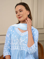 Blue Threadwork Mul Cotton Premium Anarkali Suit Set