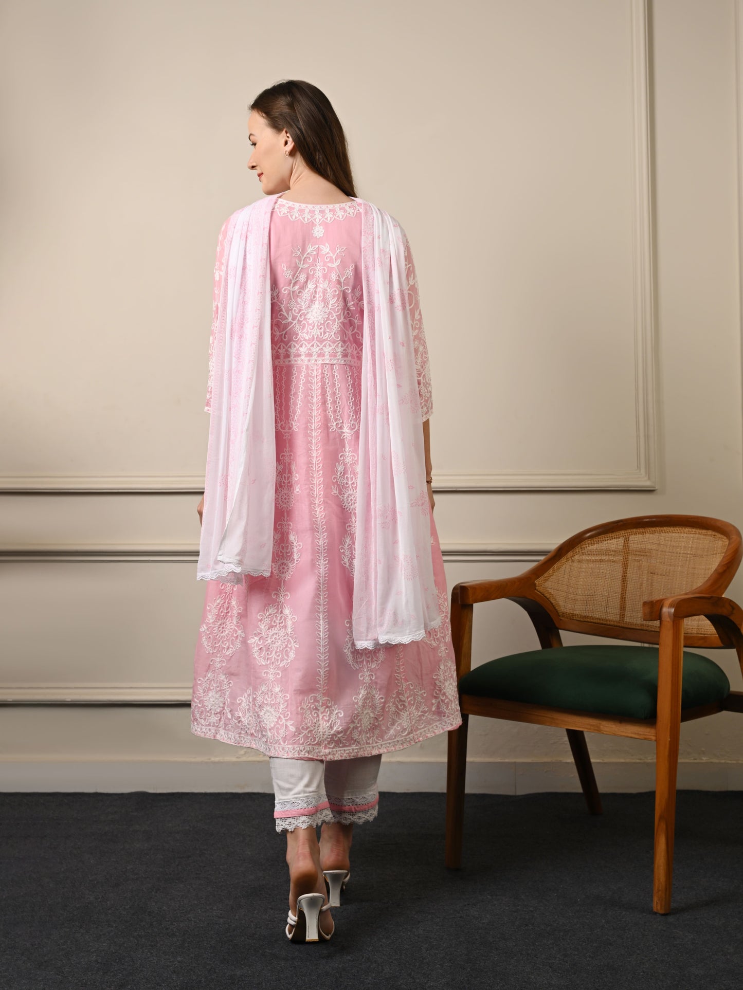 Pink Threadwork Mul Cotton Premium Anarkali Suit Set