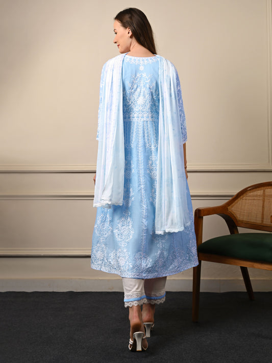 Blue Threadwork Mul Cotton Premium Anarkali Suit Set