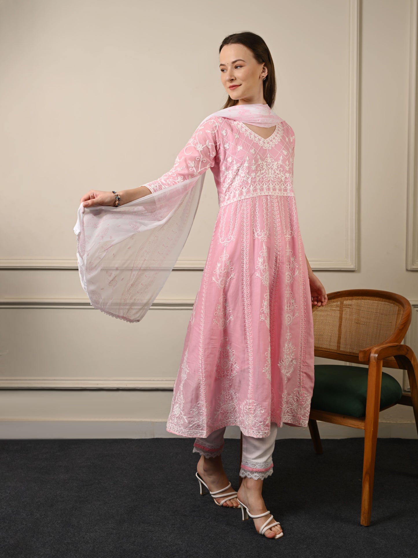 Pink Threadwork Mul Cotton Premium Anarkali Suit Set