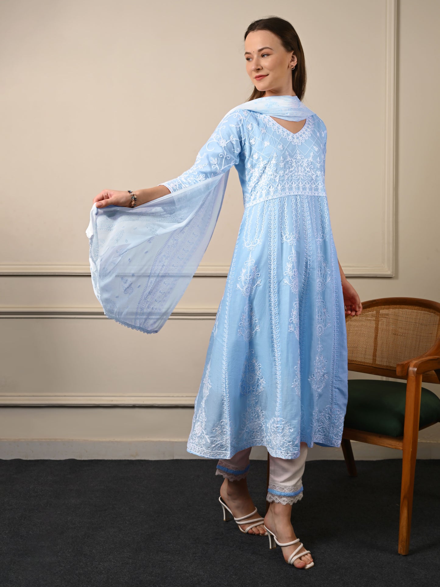 Blue Threadwork Mul Cotton Premium Anarkali Suit Set