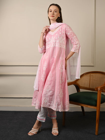 Pink Threadwork Mul Cotton Premium Anarkali Suit Set