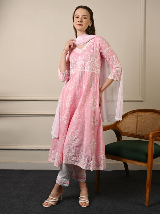 Pink Threadwork Mul Cotton Premium Anarkali Suit Set