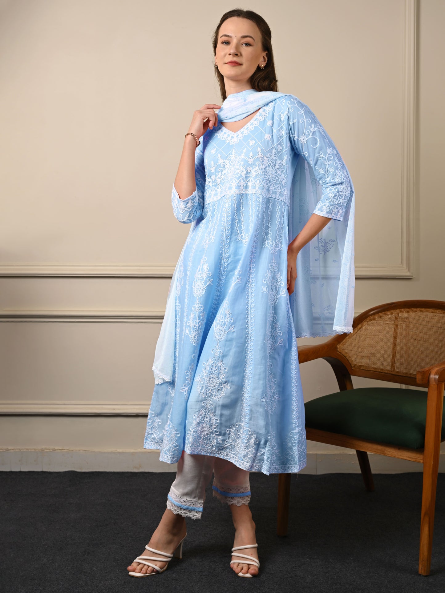 Blue Threadwork Mul Cotton Premium Anarkali Suit Set