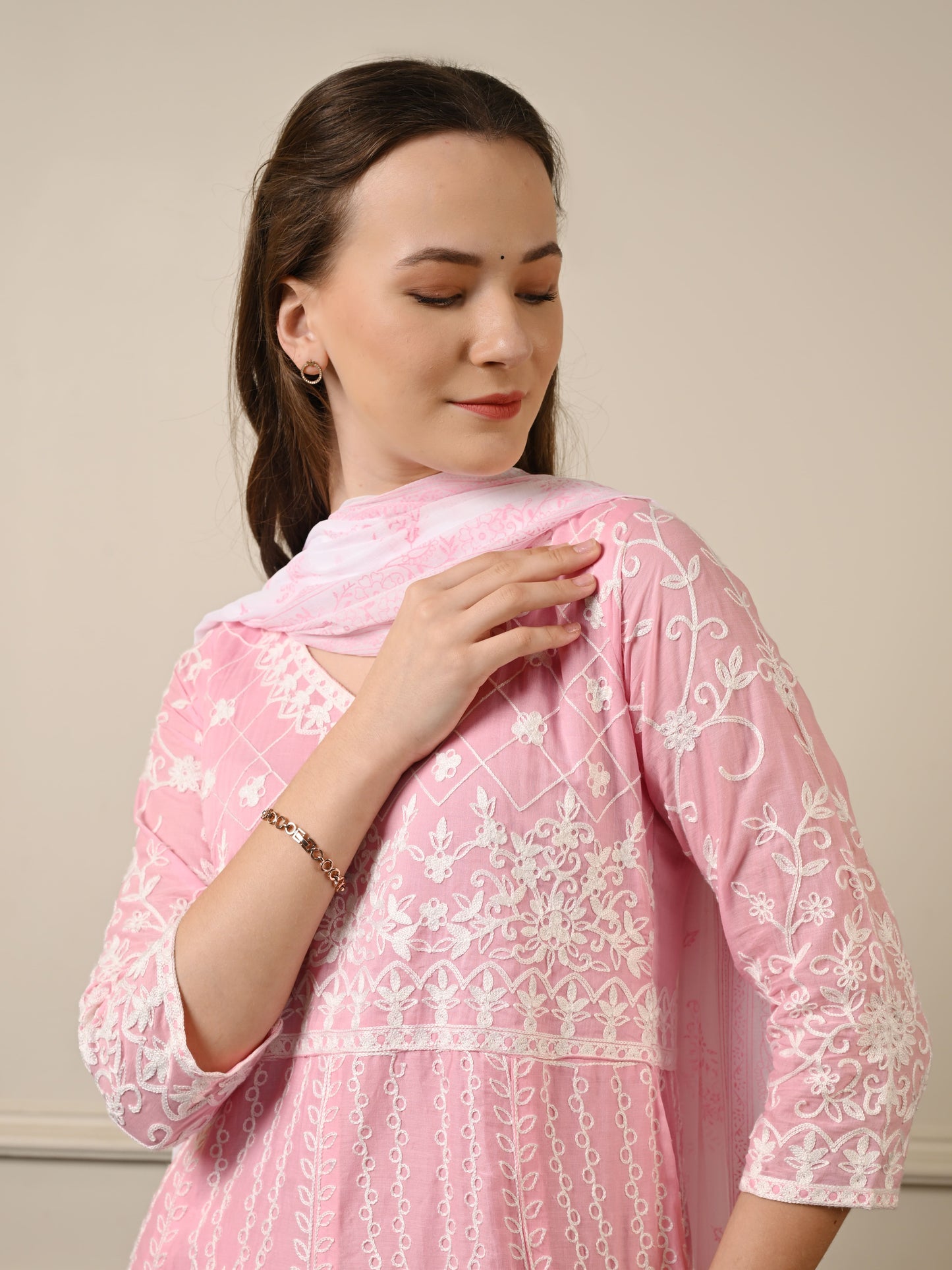 Pink Threadwork Mul Cotton Premium Anarkali Suit Set