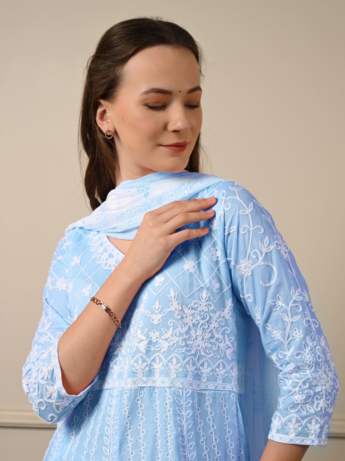 Blue Threadwork Mul Cotton Premium Anarkali Suit Set