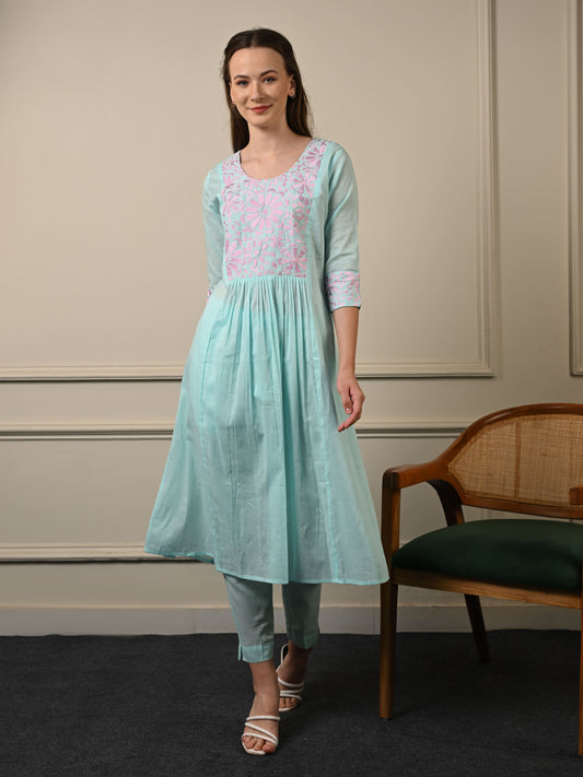 Sea Blue Mul Cotton Kurta Set