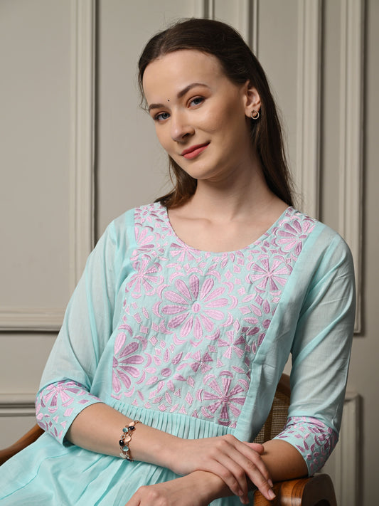 Sea Blue Mul Cotton Kurta Set
