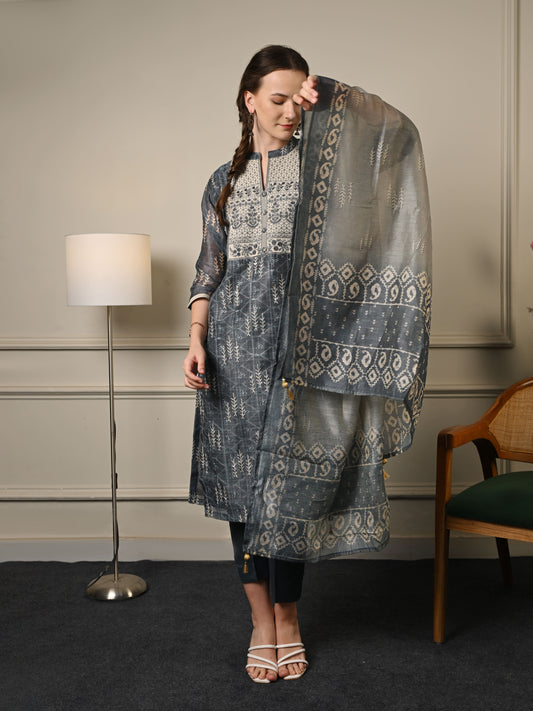 Grey Chanderi Cotton Suit Set