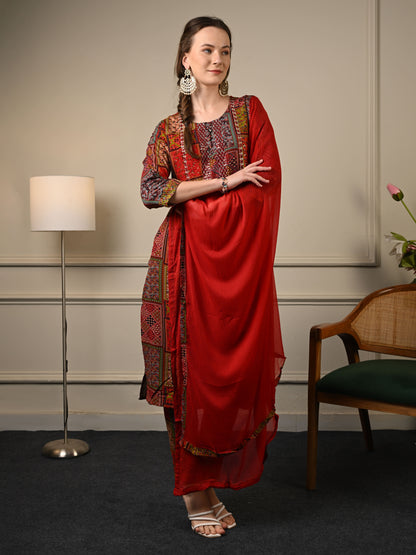 Deep Red Rayon Festive Suit set