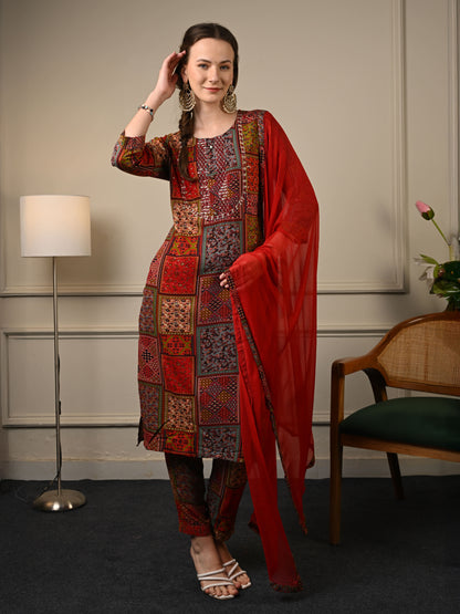Deep Red Rayon Festive Suit set