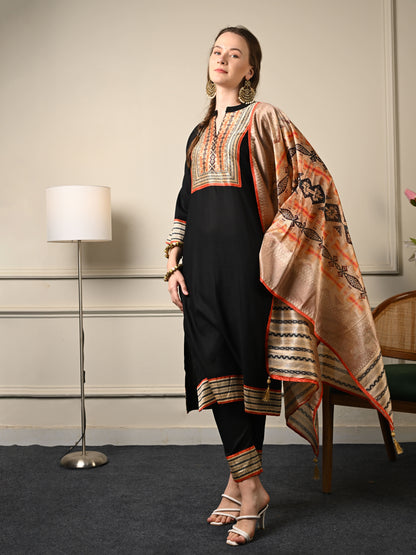 Black & Tangerine Chanderi Silk Suit Set