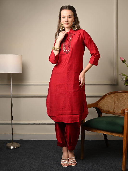 Deep Red Corduroy Afghani Coord Set