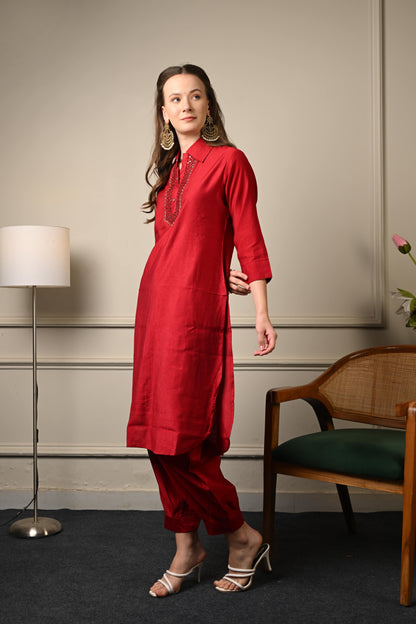 Deep Red Corduroy Afghani Coord Set
