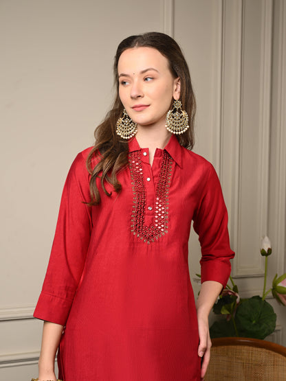 Deep Red Corduroy Afghani Coord Set