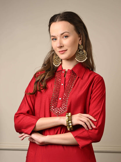 Deep Red Corduroy Afghani Coord Set