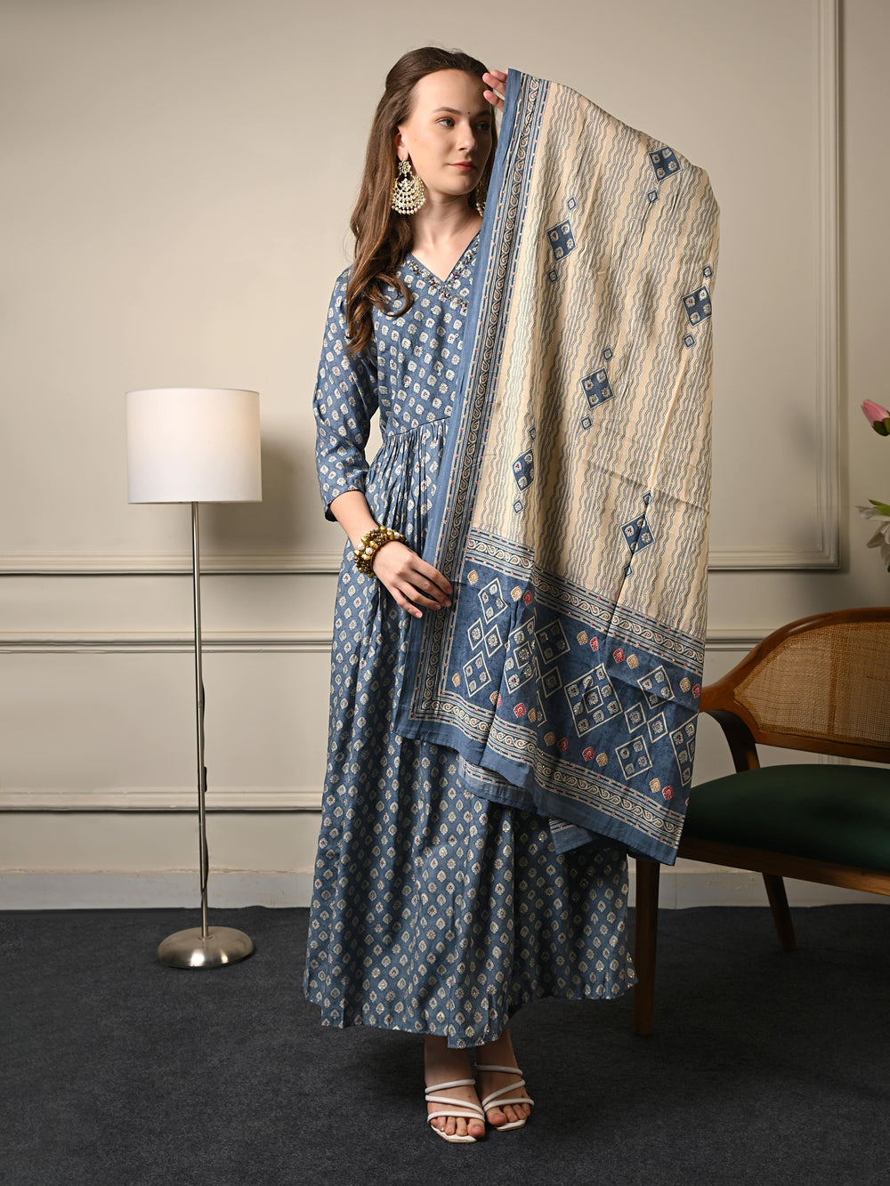 Slate Grey Anarkali Suit Set