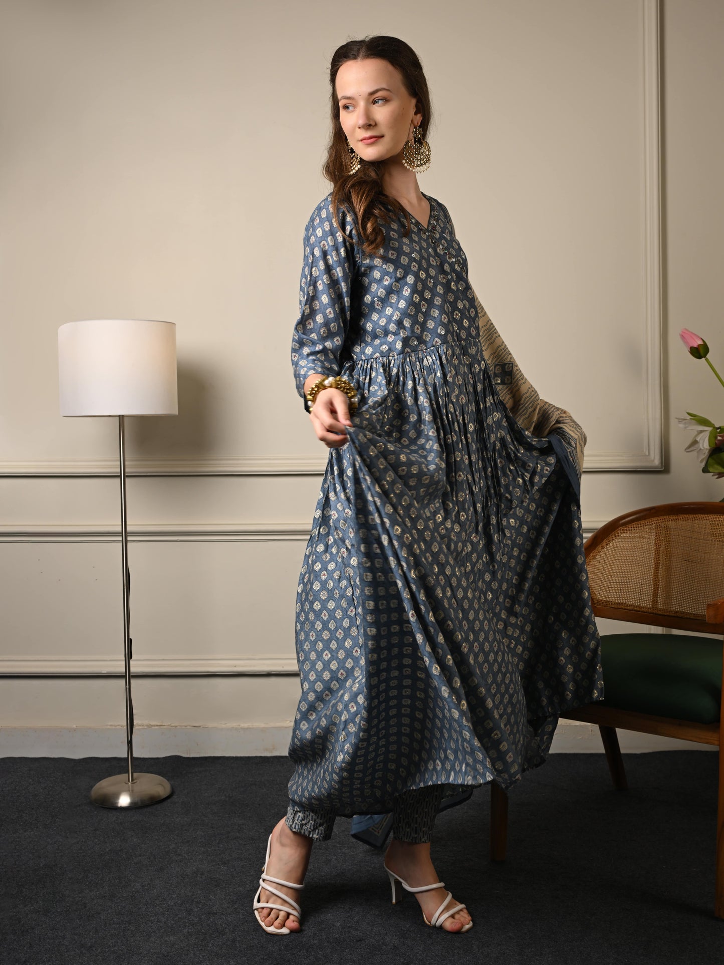 Slate Grey Anarkali Suit Set
