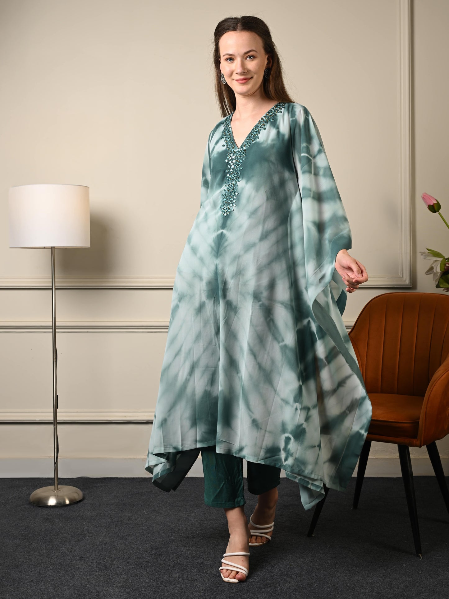 Pastel Green Tie & Dye Kaftan Coord Set