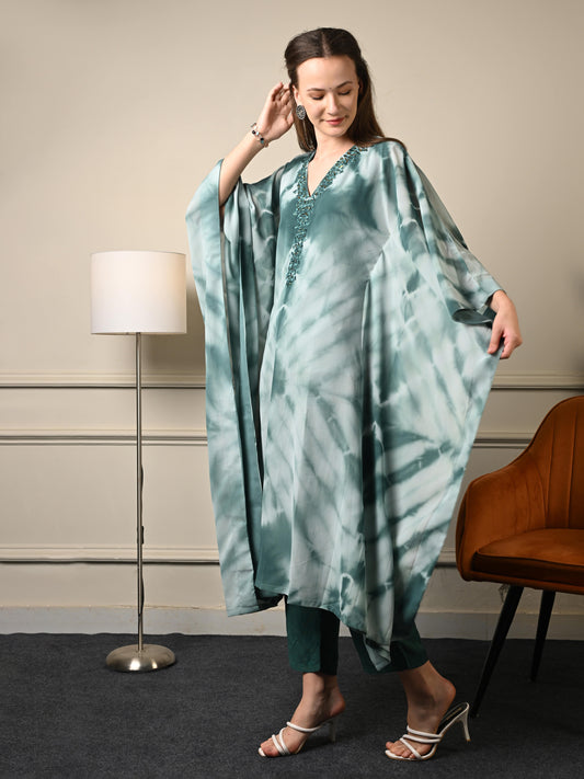 Pastel Green Tie & Dye Kaftan Coord Set